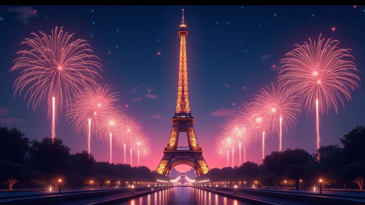 Een geanimeerde scène van de Eiffeltoren omringd door vuurwerk in een nachtelijke lucht.