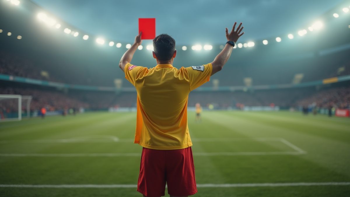 Referee showing a red card on a football field.