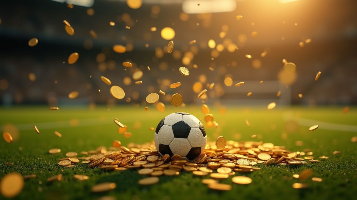 Golden coins falling on a football field.
