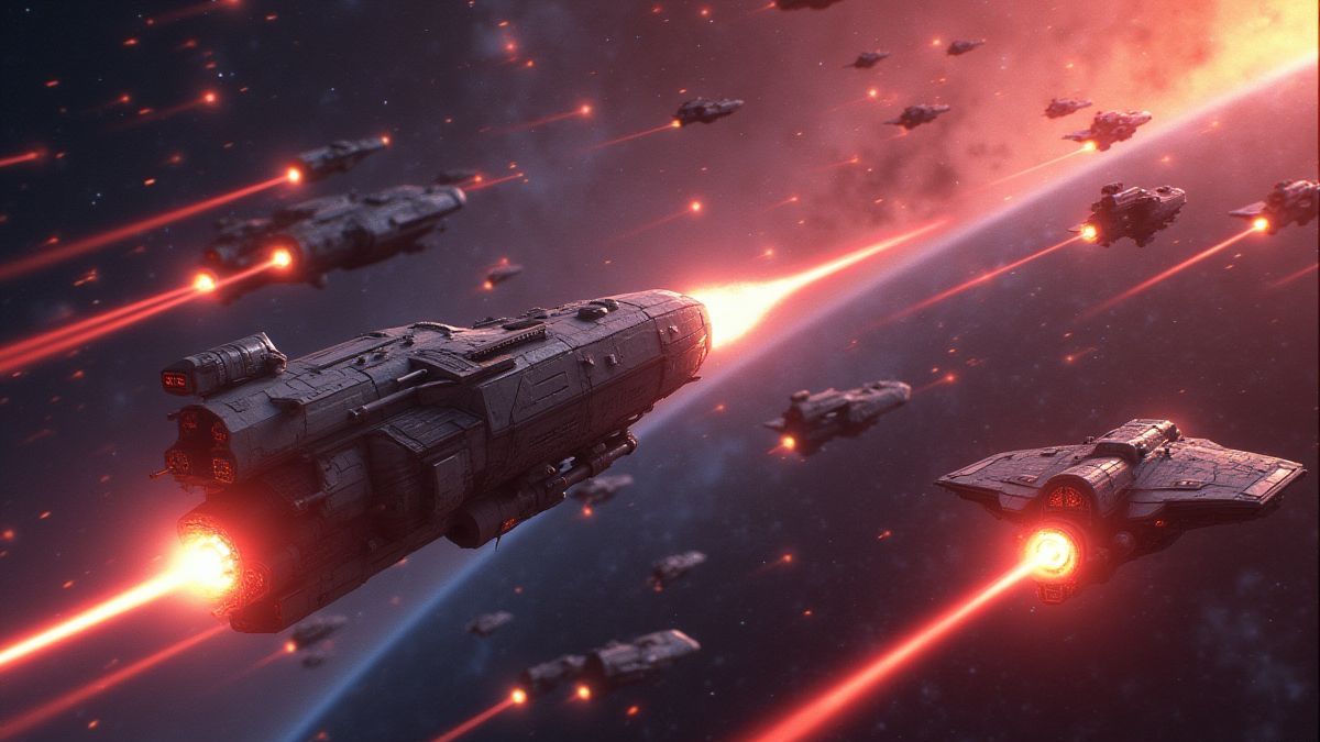 Batalla espacial con naves disparando láseres.