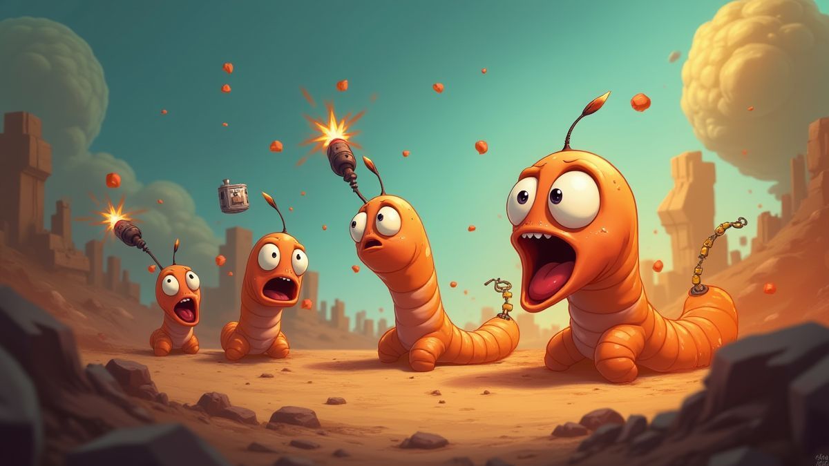 Gusanos animados lançando granadas e foguetes em uma cena de bonificação.