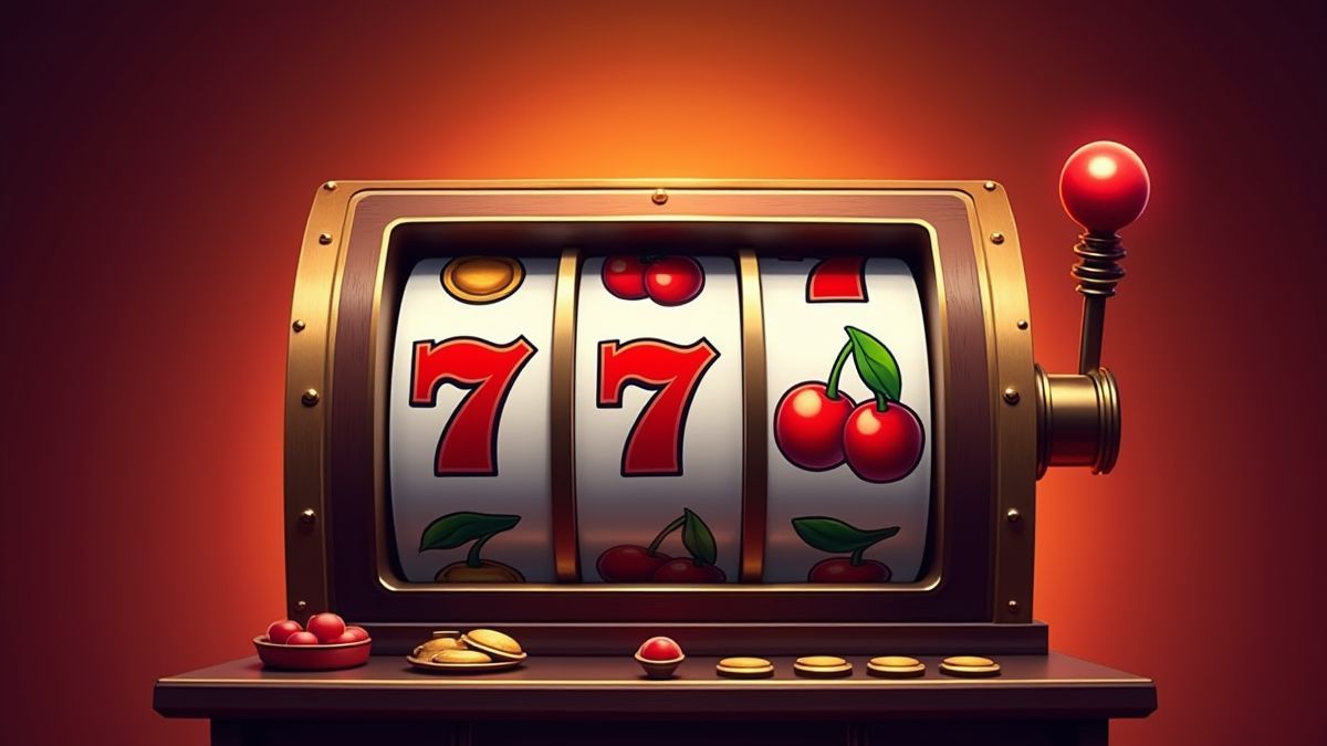 Retro slot machine with fruit icons like cherries and sevens.