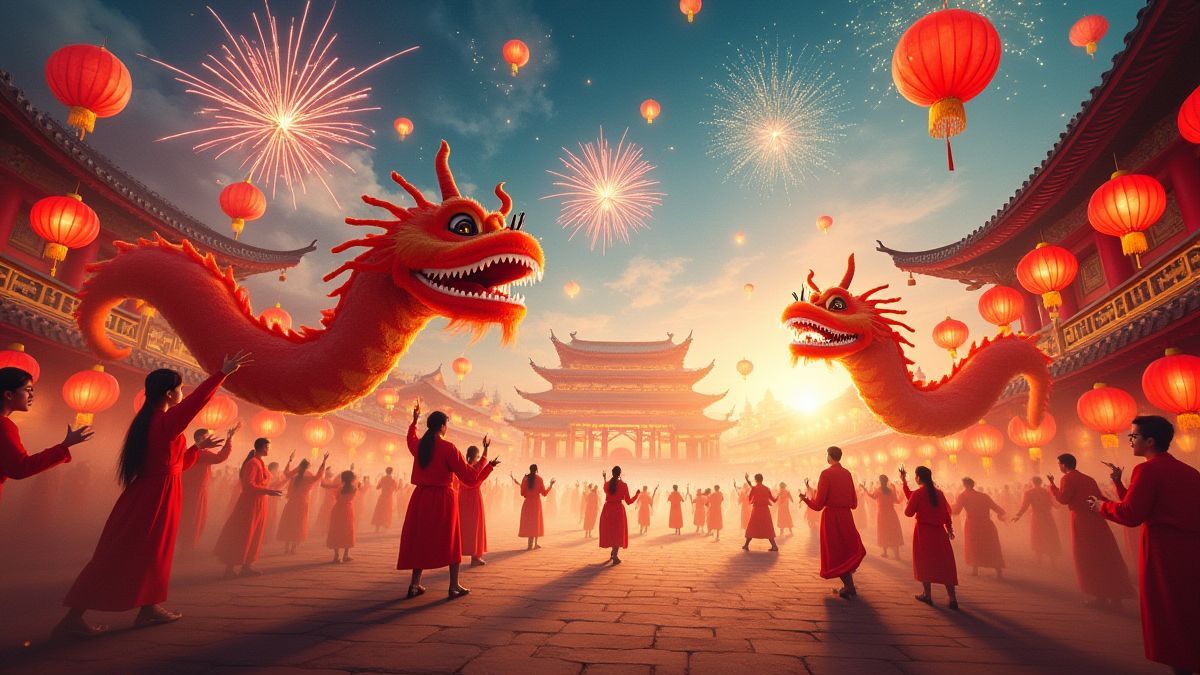 Cena de um festival chinês com danças de dragão e fogos de artifício.