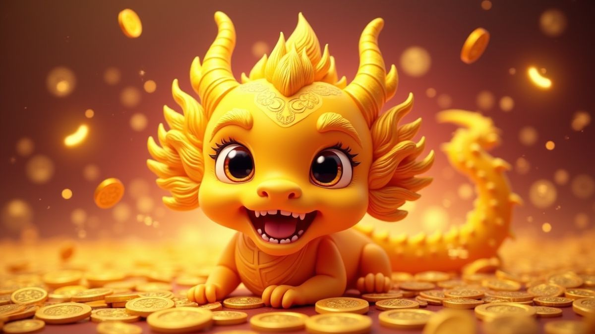 Dragão chinês dourado rodeado de moedas brilhantes e multiplicadores.