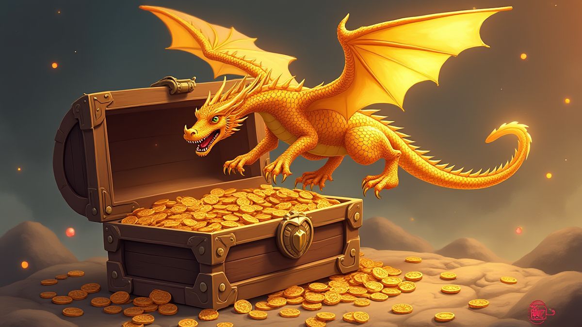 Dragon doré sur un coffre au trésor rempli de pièces et de gemmes