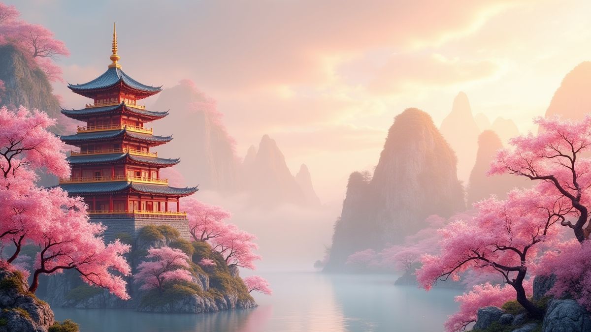 Paysage chinois avec pagodes dorées et arbres de fleurs de cerisier