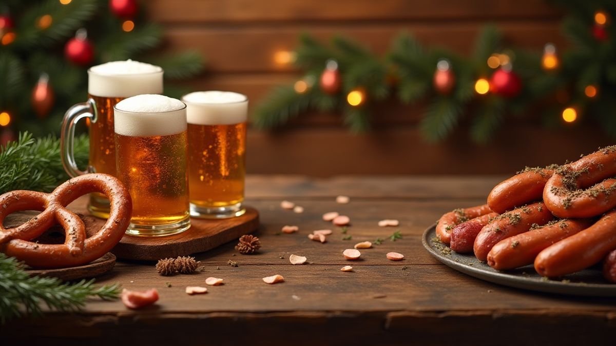 Holztisch mit Brezeln und Bieren in festlicher Umgebung