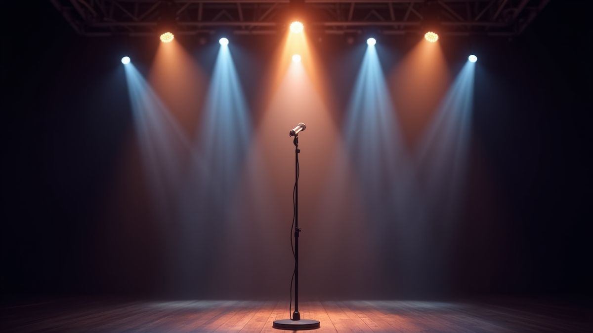 Un escenario iluminado con un micrófono en el centro.