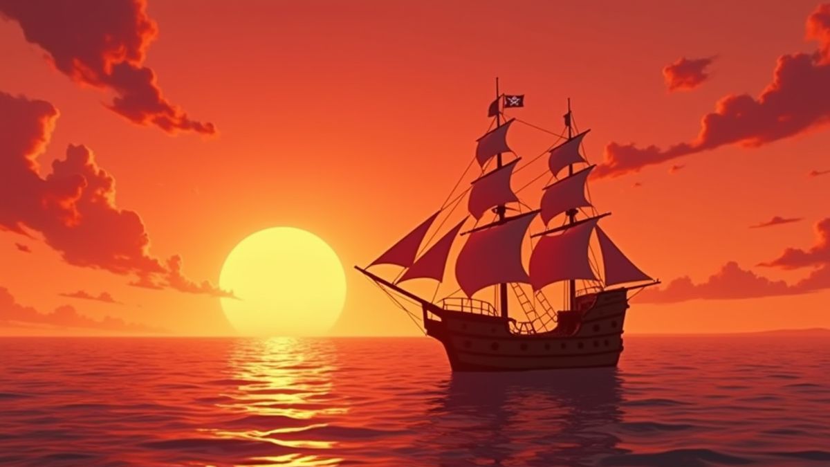 Piratenboot, das unter einem Sonnenuntergang segelt.