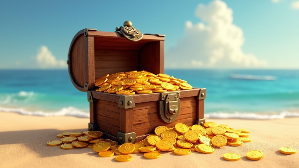 Schatztruhe voller Goldmünzen am Strand.