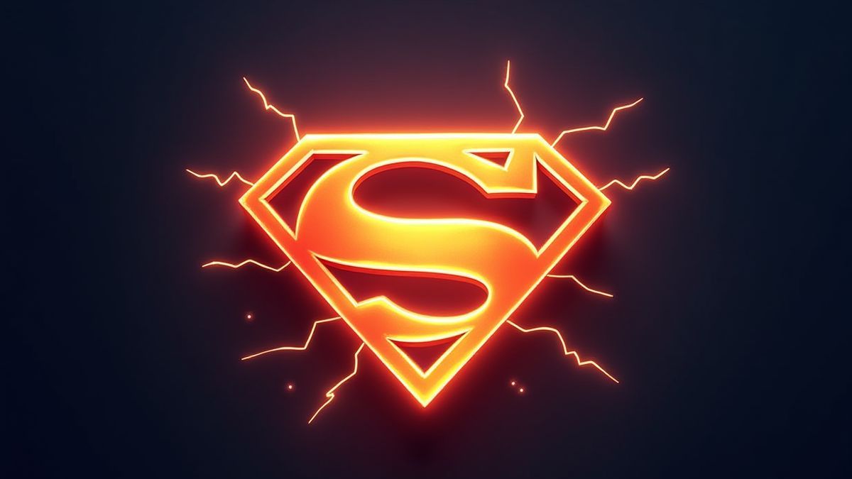 Um emblema de super-herói brilhante cercado por relâmpagos, simbolizando poder e ação.