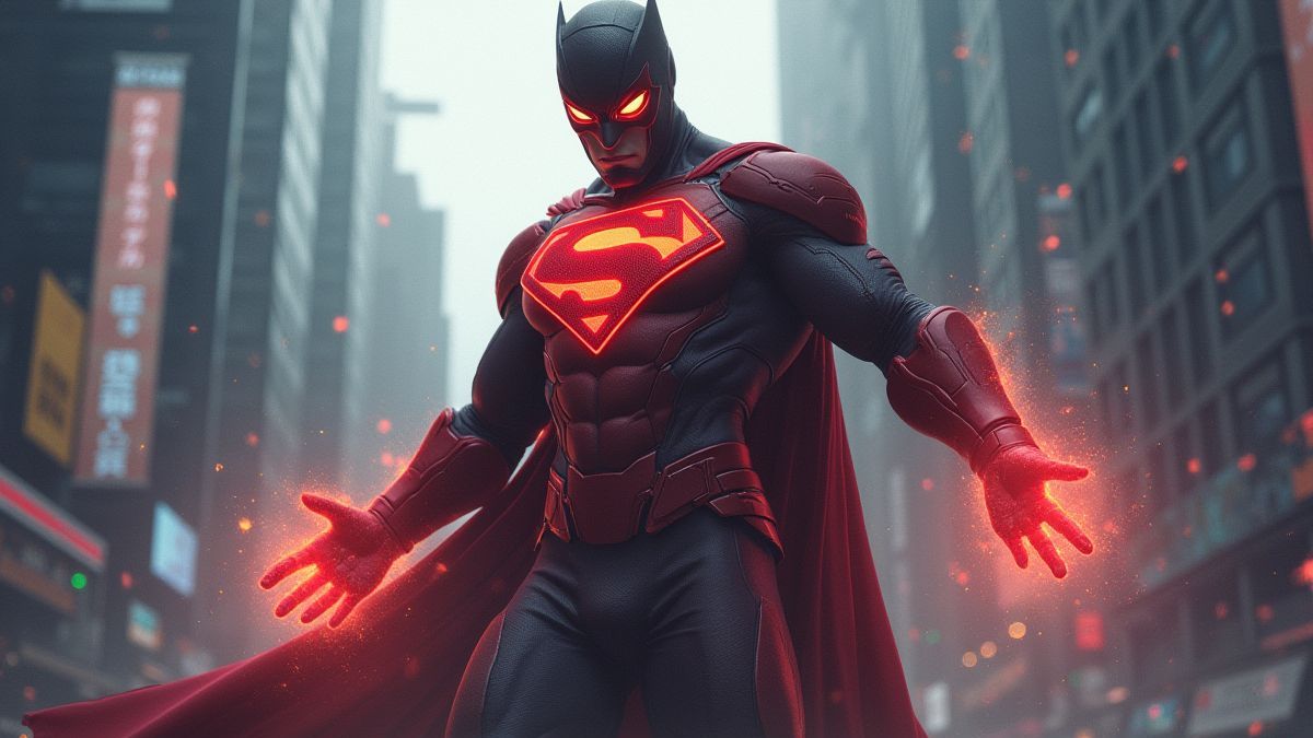 Um super-herói com poderes brilhantes em uma cidade futurista.