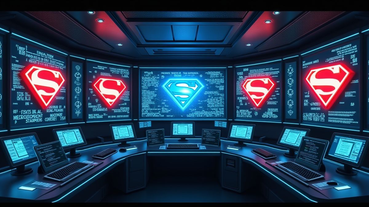 Uma sala de controle futurista com telas brilhantes e símbolos de super-heróis.