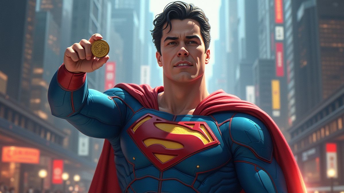 Um super-herói lançando uma moeda em uma cidade futurista.