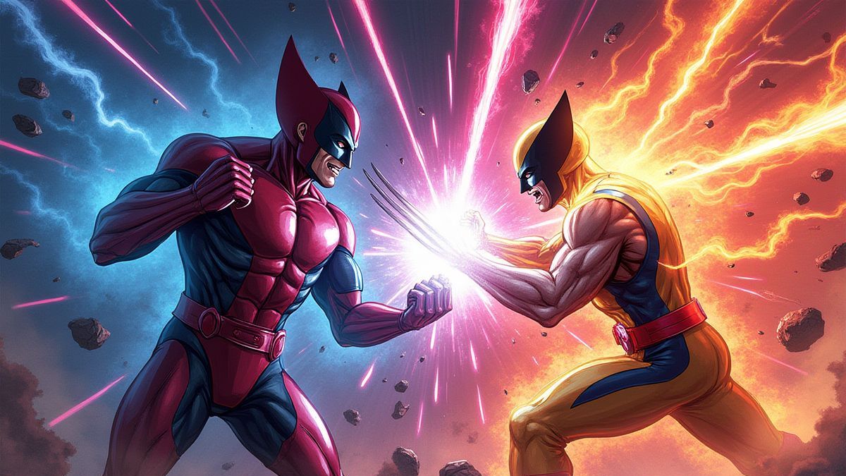 Wolverine et Magneto luttant dans un champ de bataille cosmique