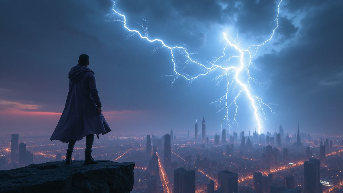 Storm invoquant une tempête électrique sur une ville futuriste