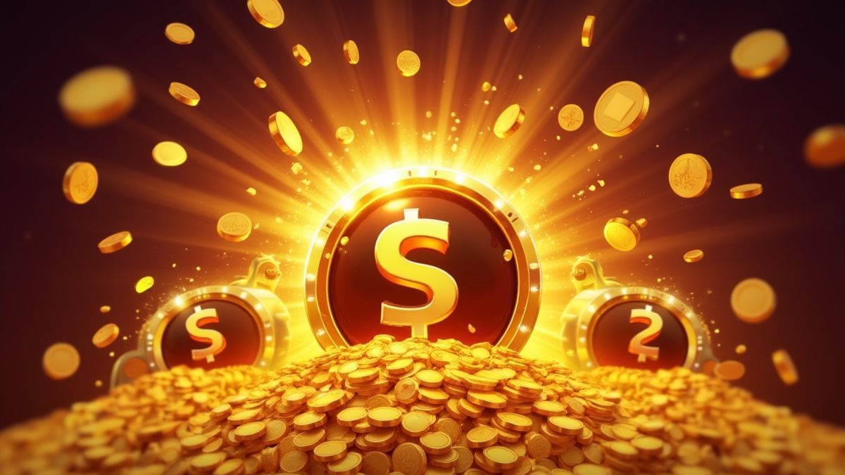Monedas doradas y signos de jackpot explotando con emociún.