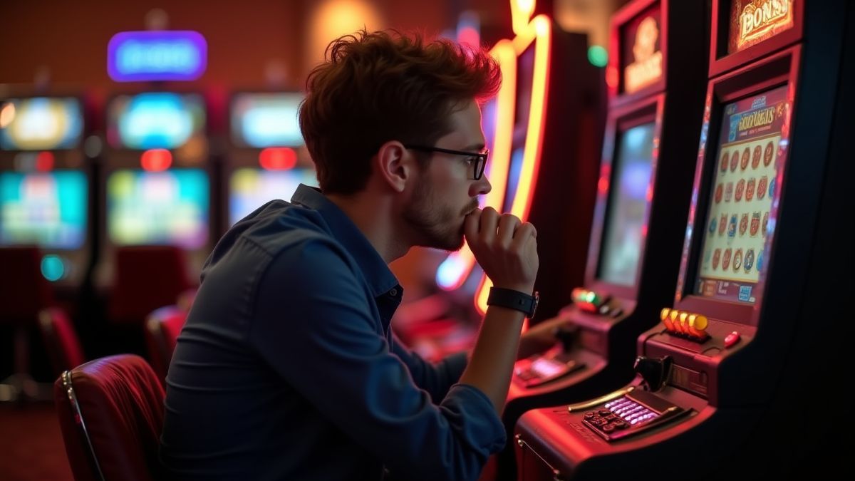 Jugador pensando estrategias frente a una máquina tragaperras en un casino acogedor.