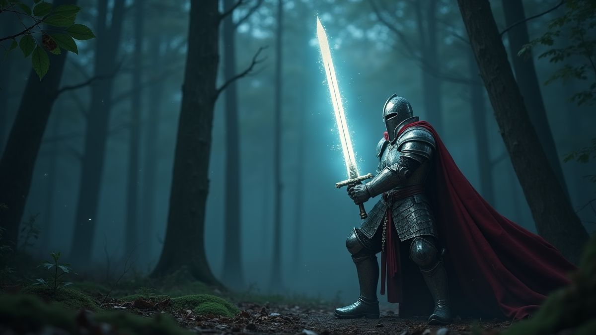 Um cavaleiro medieval segurando uma espada brilhante em uma floresta encantada.