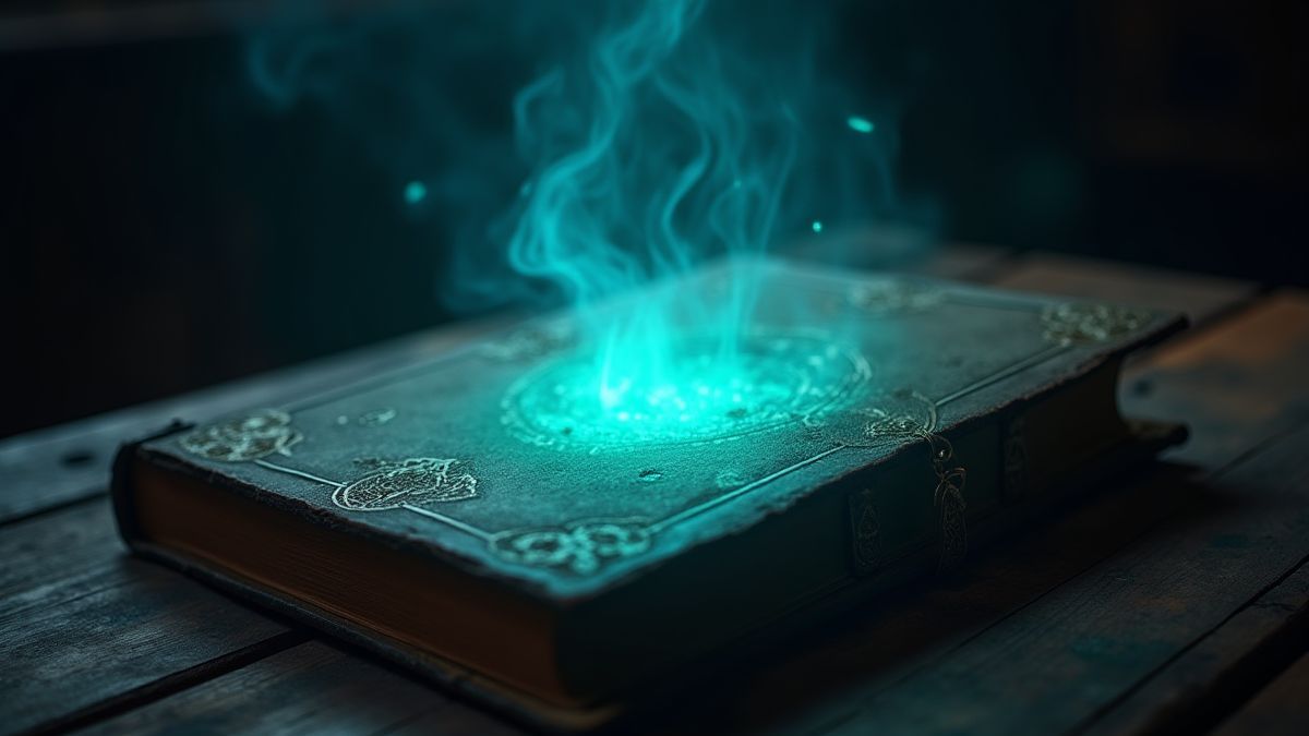 Um livro de feitiços mágico brilhando com luzes azuis e verdes sobre uma mesa de madeira.