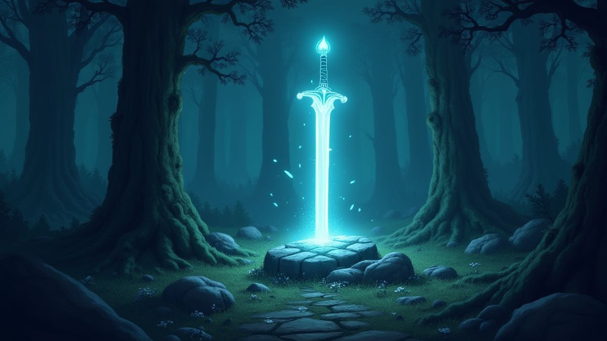 Forêt magique avec une épée brillante incrustée dans une pierre.