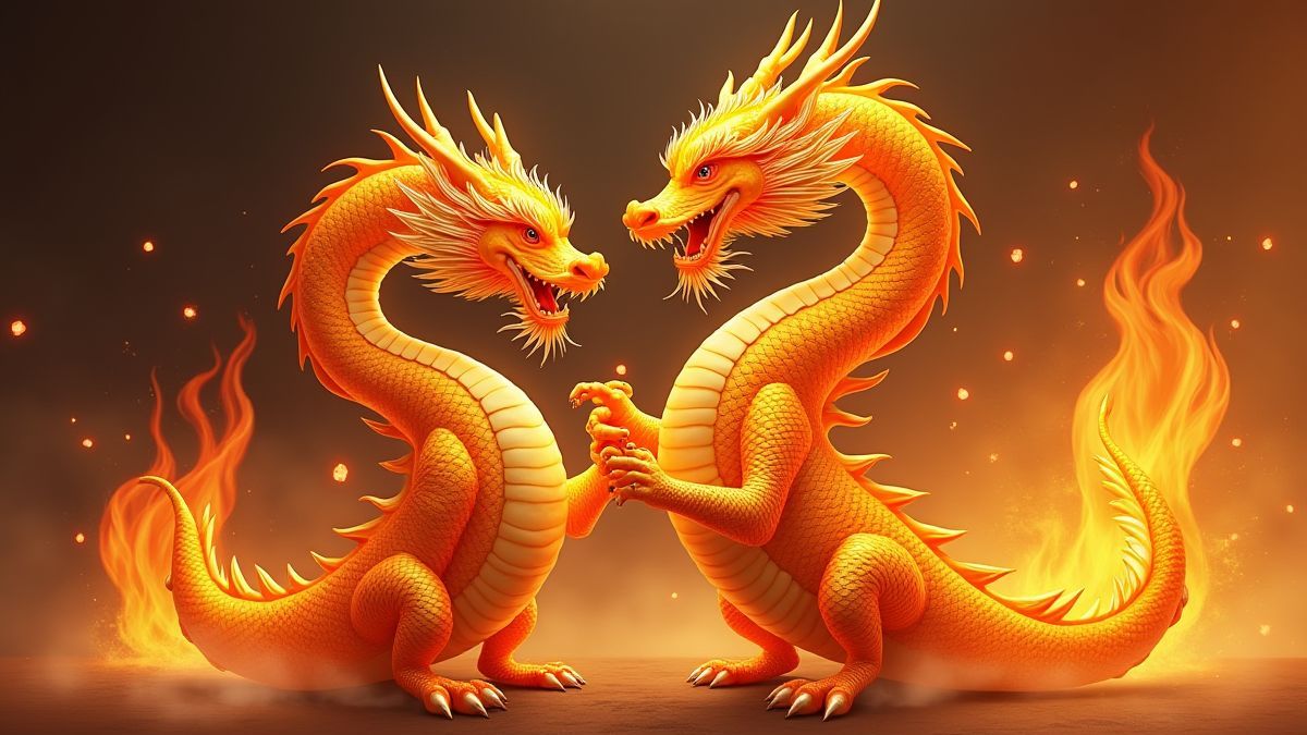 Two golden dragons intertwined with fire.