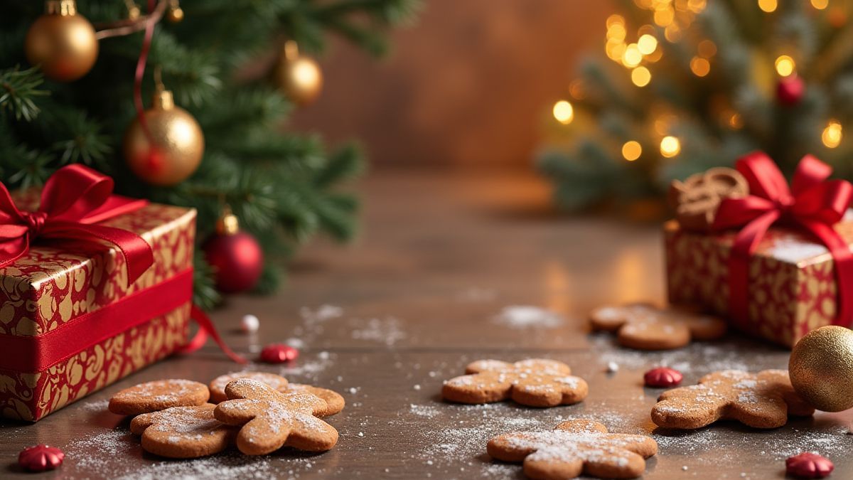Fondo navideño con galletas de jengibre y adornos.