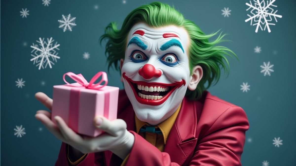 Un joker feliz con un regalo rosado en un entorno nevado.