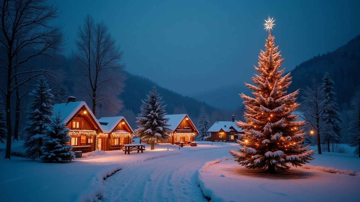 Een kerst dorp met schitterende lichten en een versierd kerstboom.