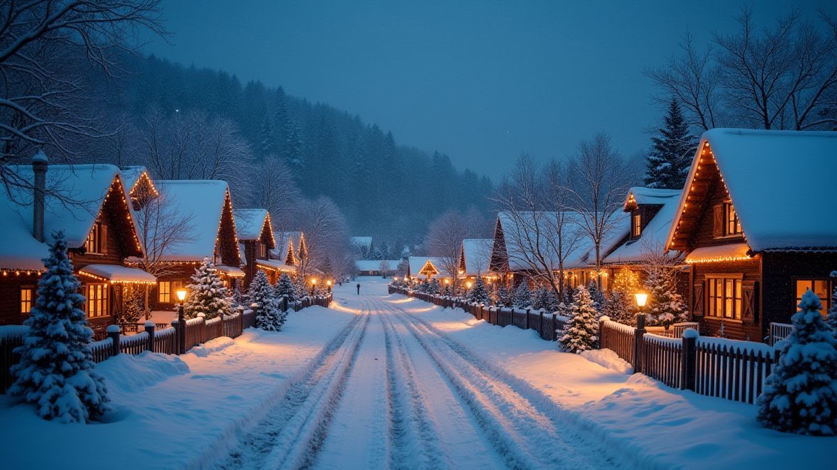 Een sneeuwbedekt kerstdorp met fonkelende lichten en versierde huizen.