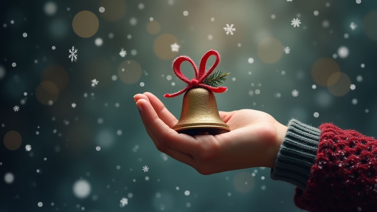 Een hand die een kerstbel vasthoudt met vallende sneeuwvlokken.