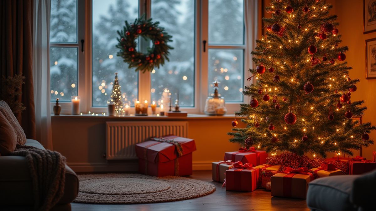 A Christmas tree surrounded by gifts in a cozy living room.