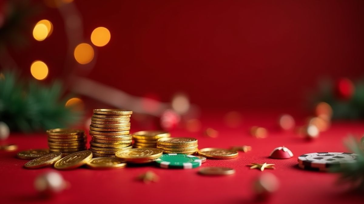 Gold coins and poker chips on a Christmas-decorated table.