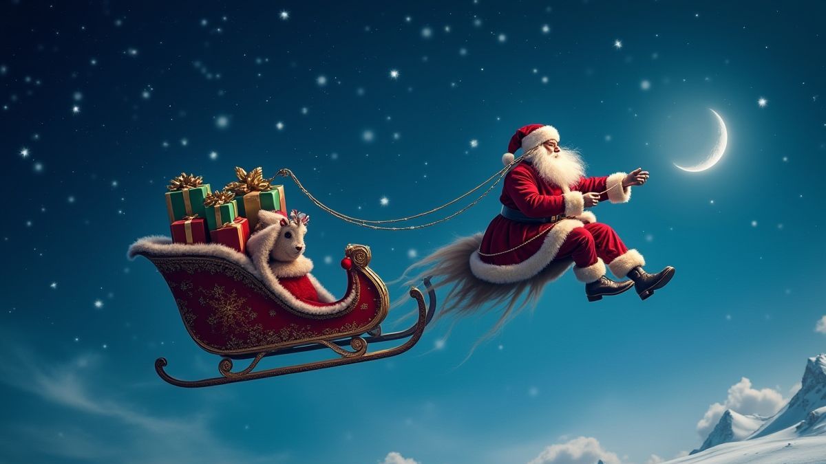Santa flying in his sleigh under a starry sky.