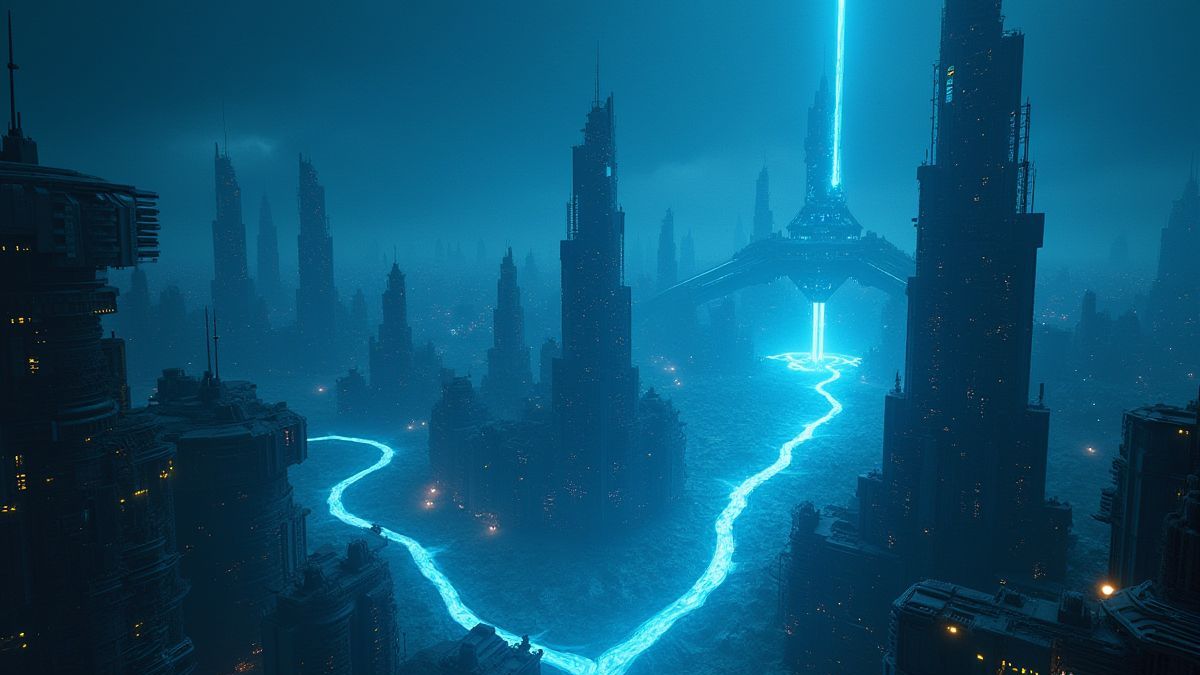 Ville extraterrestre futuriste avec lumières bleues et structures métalliques.