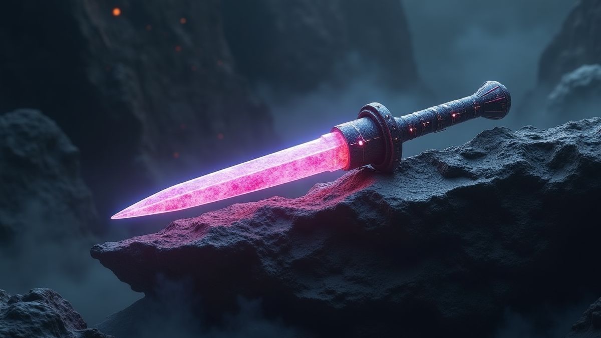 Épée futuriste brillante incrustée dans une roche extraterrestre.