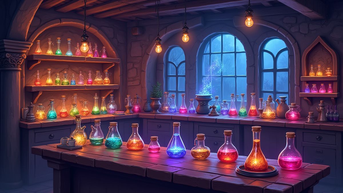 Alchemielabor mit bunten Tränken und leuchtenden Runen.