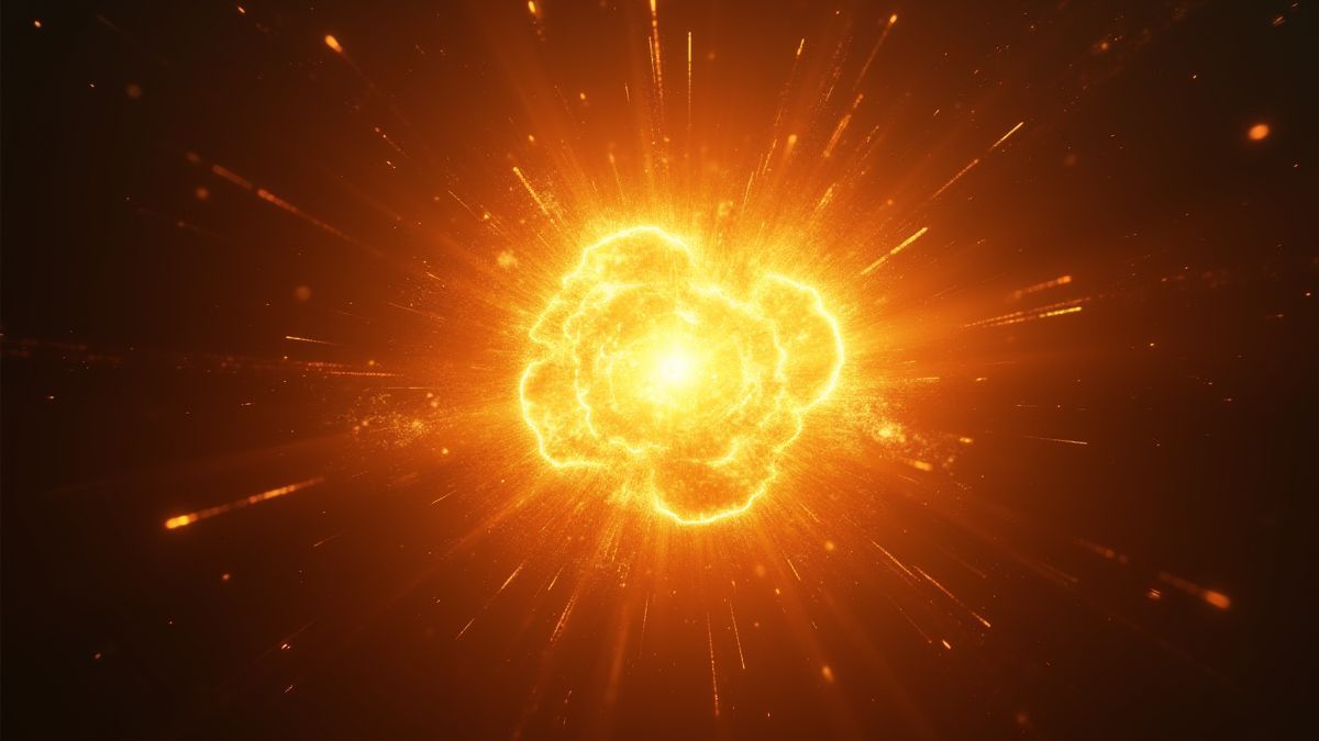 Goldene Explosion mit Runen und leuchtenden Funken.