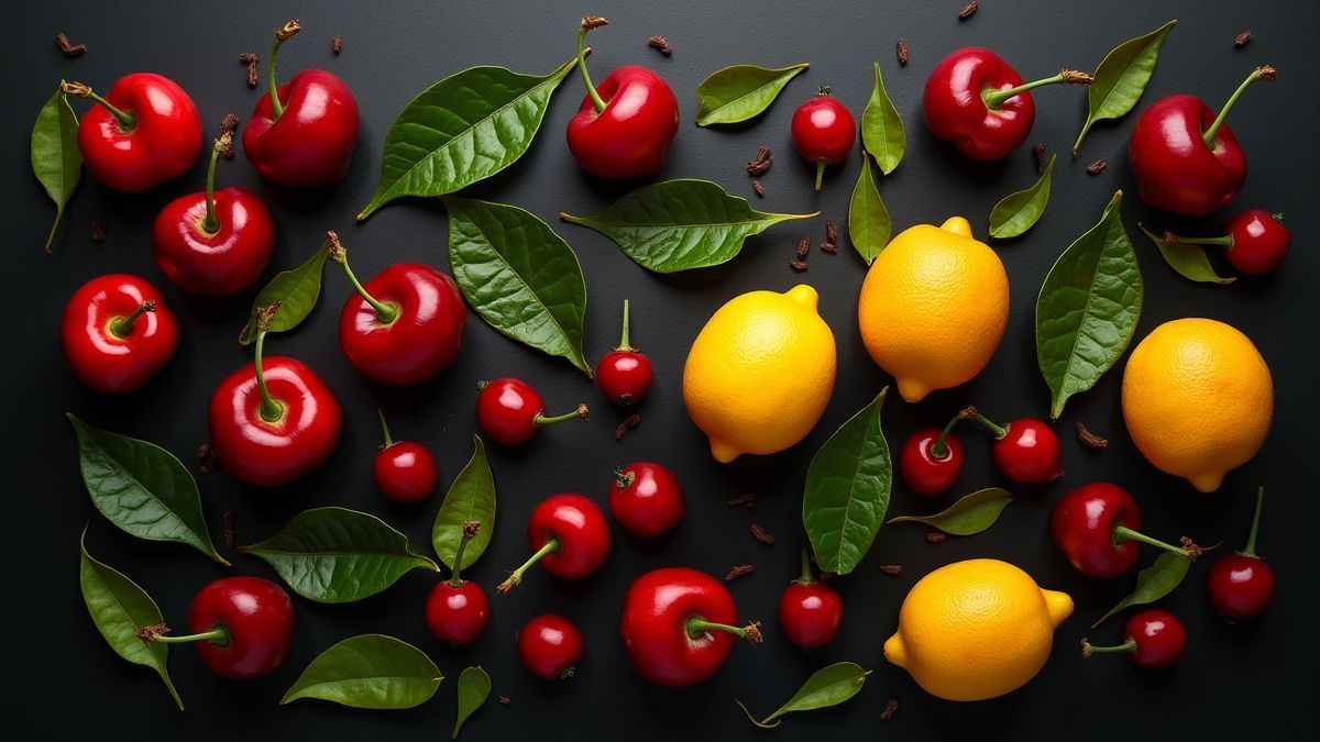 Frutas vibrantes sobre um fundo escuro.