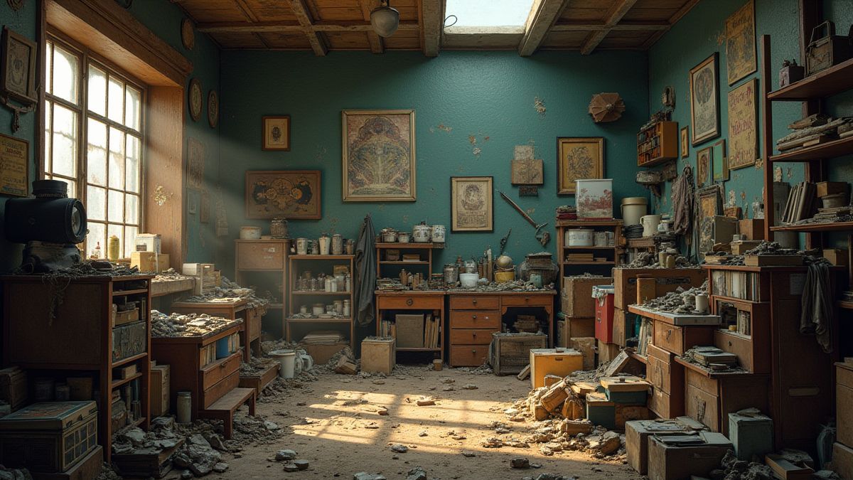 Postapokalyptisches Zimmer voller gehorteter Vorräte.