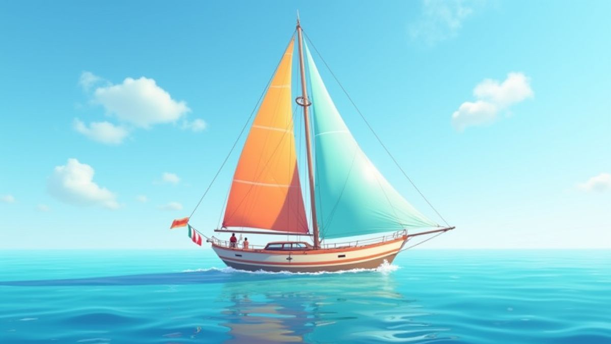 Een jacht met kleurrijke zeilen dat door kristalhelder water onder de zon vaart.