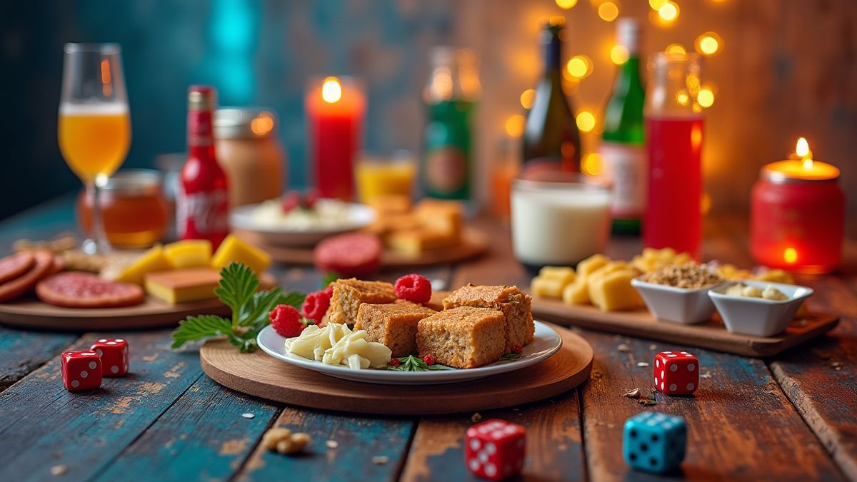 Eine Party-Tisch mit Essen, Getränken und Würfeln.