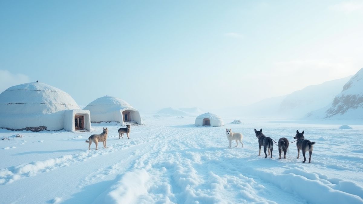 Paisaje ártico con iglús y perros de trineo.