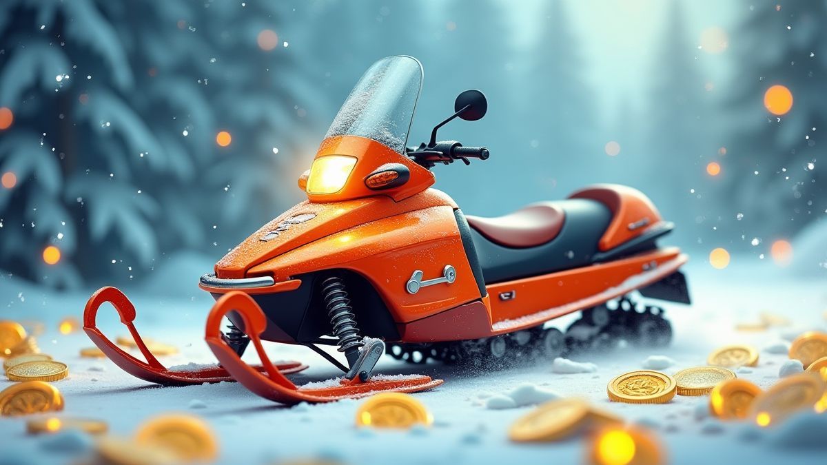 Moto de nieve rodeada de monedas doradas y copos de nieve.