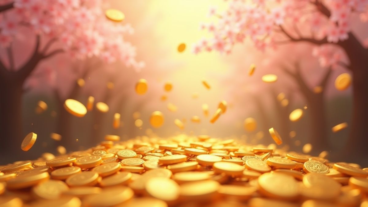 Monedas doradas cayendo en un entorno japonés con flores de cerezo.