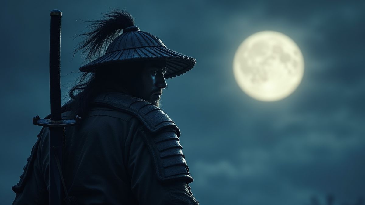 Un guerrero japonés misterioso sosteniendo una katana bajo la luz de la luna.