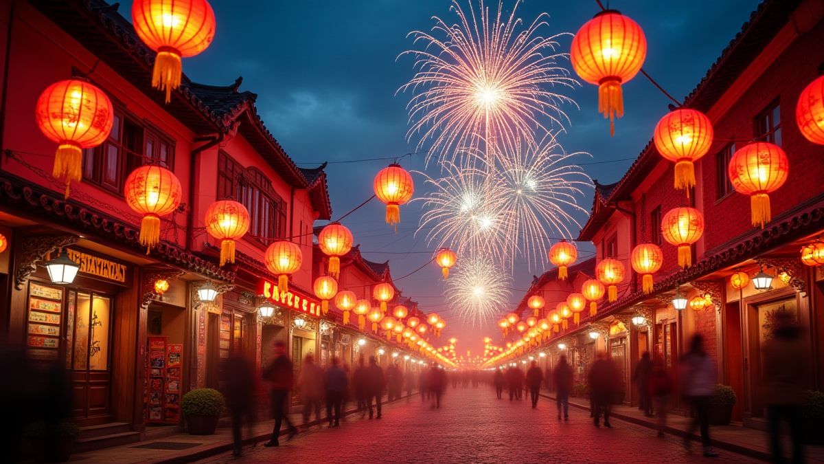 Chinese festive street filled with lanterns and fireworks.
