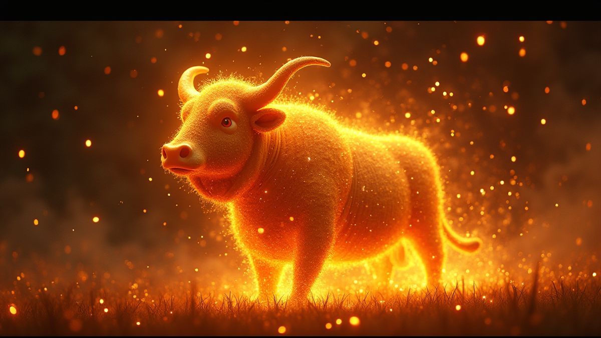 Shining golden ox surrounded by fireworks.