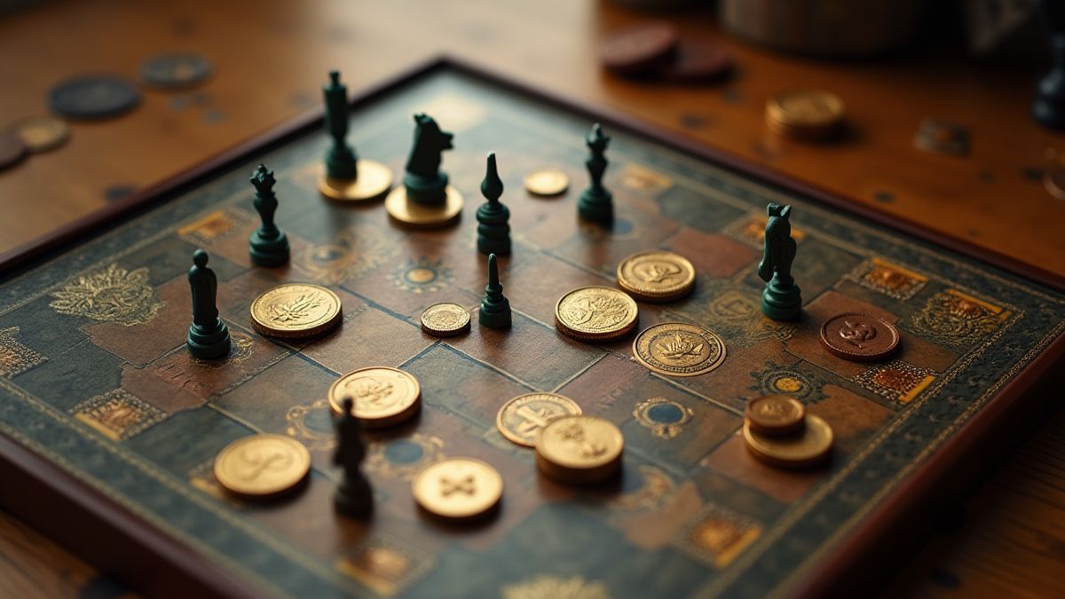 Strategy board with tokens and coins.