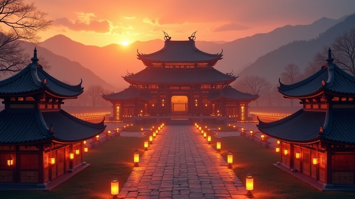 Templo asiático rodeado de linternas brillantes y montañas al atardecer.